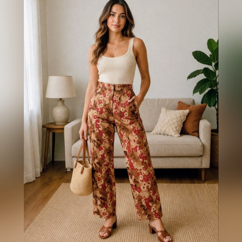 Tommy Bahama Vintage- Inspired Floral Brown Pink Pants 4 Stretch Casual-Chic